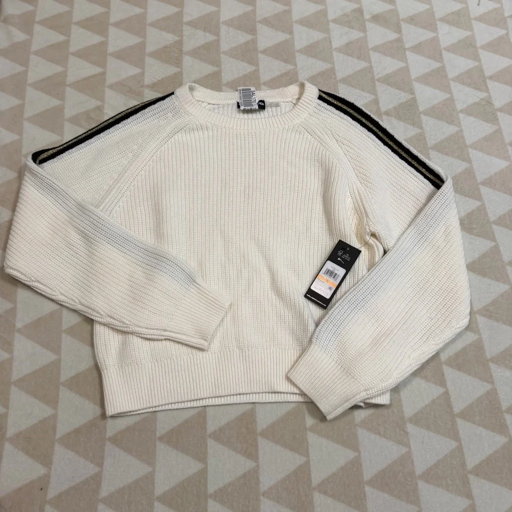 Karl lagerfeld ivory knit sweater black metallic gold stripe crewneck - Picture 2 of 3
